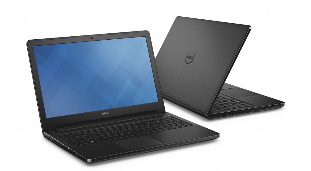 Two black Dell Vostro 18 3000 Series (Model 3558) Non-Touch 15-inch notebook computer, with Intel Broadwell (BDW) processor. One model is open, facing front-right, the other open, facing back-right.