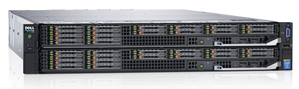 Dell PowerEdge FX2s rack server chassis populated with 2x Dell PowerEdge FC830 blade servers, each with 16x 1.8-inch hard drives.